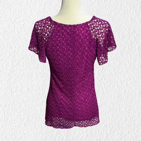 BRITTANY BLACK Lace Overlay Fairycore Flutter Sleeve Blouse Womens Sm Magenta - Picture 2 of 9